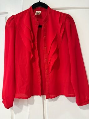 Vintage You Babes Red Ruffle Front Blouse